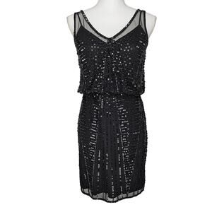 ADRIANNA PAPELL WOMEN'S BLACK SEQUIN COCKTAIL DRESS - SIZE 4